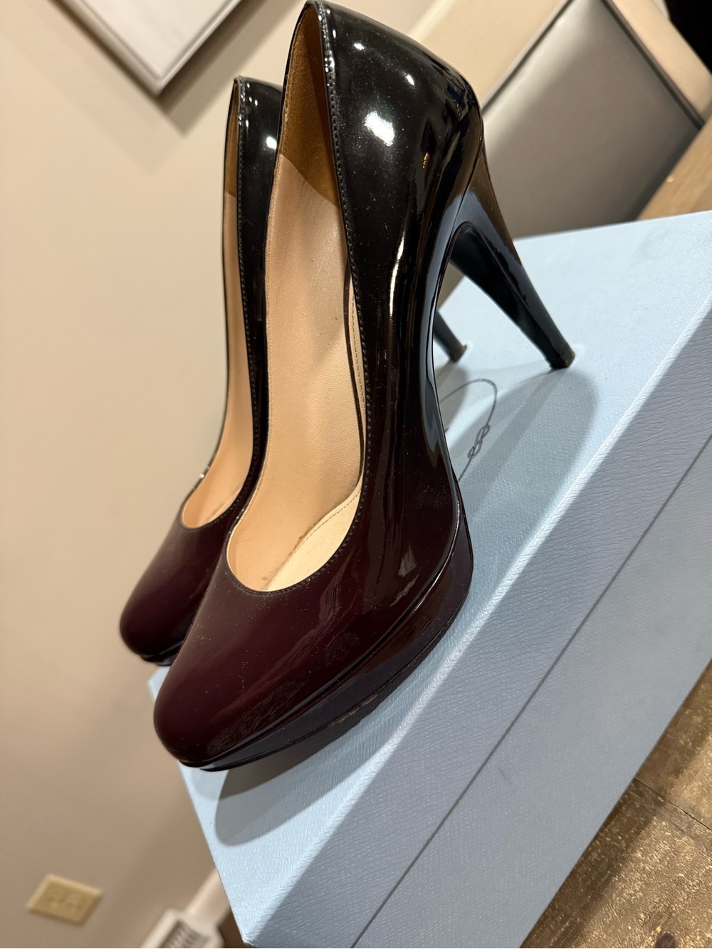 Prada Glossy Patent Leather Pumps in Deep Wine and Black Ombré